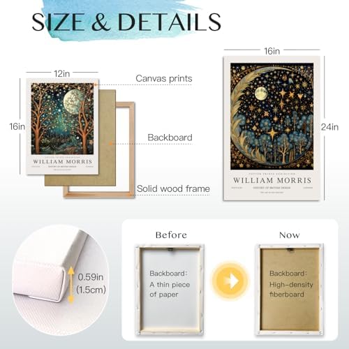Hianan Wrapped Canvas William Morris Moon Star Wall Art Set of 3, 16x24 in - Image 6