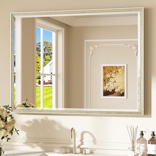 Keonjinn 40" x 30" Brushed Nickel Bathroom Vanity Mirror, HD Tempered Glass by Keonjinn