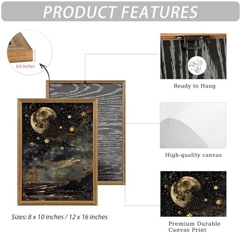 ICHZUMW Framed Moon and Stars Celestial Vintage Canvas Wall Art 12x16 In - Image 5