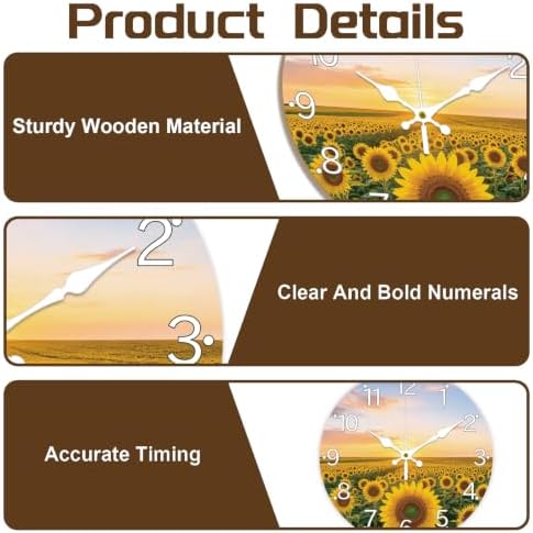 Sunflower Field Wall Clock Silent Non-Ticking 12" - Image 3