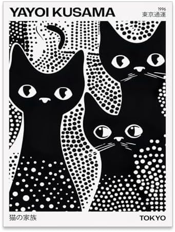rumlud Cute Black Cat Poster Japanese Yayoi Kusama Wall Art Trendy Animal by rumlud