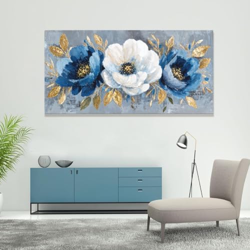 Large Blue White Floral Canvas Wall Art Decor - Image 6