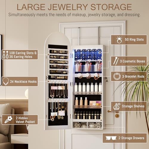 LVSOMT Wall Mounted Jewelry Organizer Lockable, 6 LEDs Jewelry Cabinet - Image 4