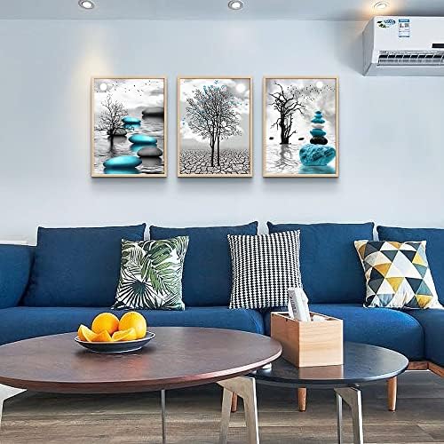 DZRWUBHS Framed Canvas Wall Art, Abstract Blue Prints, Ready to Hang, Living - Image 2