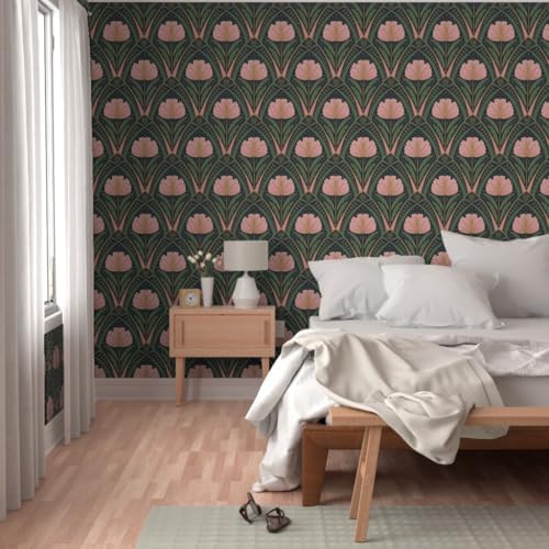 Spoonflower Art Deco Peony Dark Peel and Stick Wallpaper - Image 5
