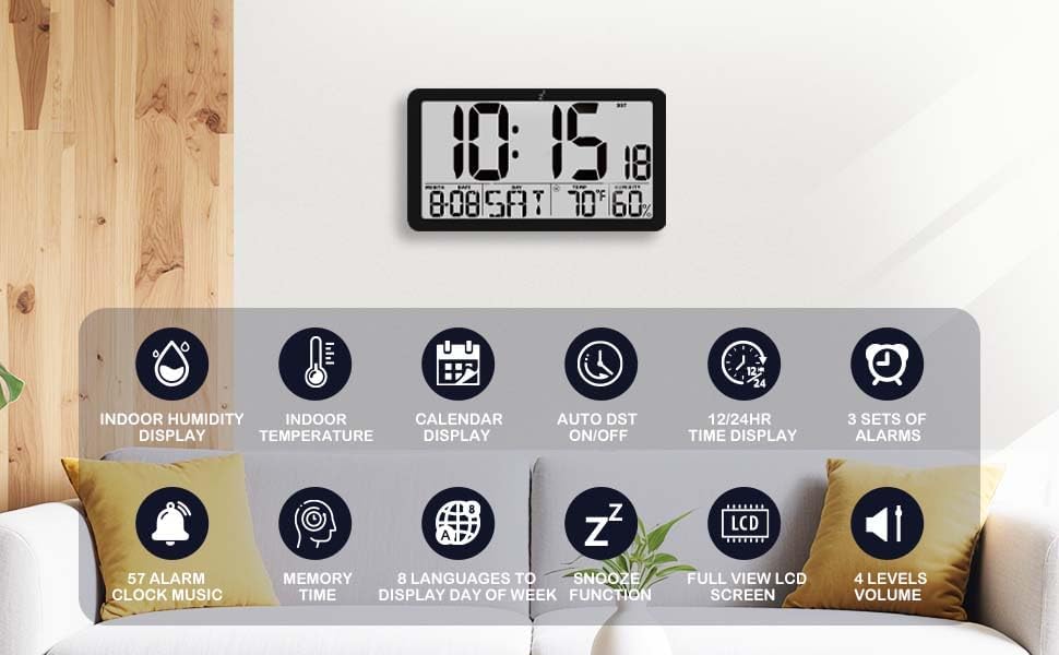 Large Digital Wall Clock, Battery Operated 9.72” LCD Alarm Clock - Image 3