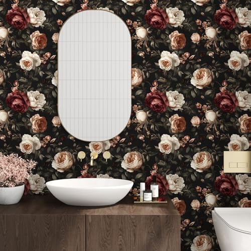 Laatse Vintage Black Red Rose Floral Wallpaper Peel and Stick 17.5"x787" - Image 4