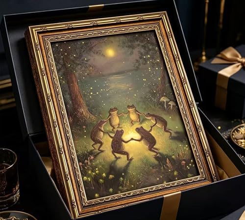 Vintage Gold Framed Frog Wall Art, Frogs Dancing in Moonlight Forest Painting - Image 2