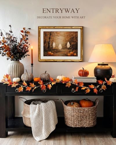 InSimSea Gold Bamboo Framed Fall Wall Art, Autumn Halloween Ghosts - Image 2