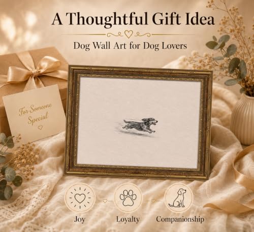 Gold Framed 3D Textured Wall Art, Vintage Sketch Running Dog Canvas Prints - Image 3
