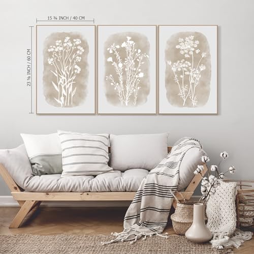 SAFERRYHOME Neutral Wildflower Beige Botanical Wall Art, 3 Panels, 16x24 Inch - Image 2