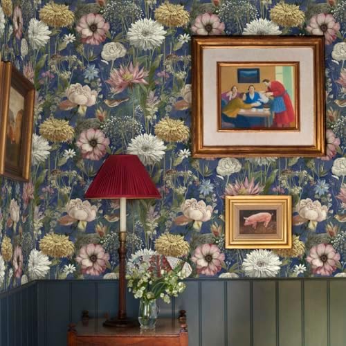 Jeweluck Vintage Floral Wallpaper Peel and Stick Dark Blue 16.9" x 196.8" - Image 3