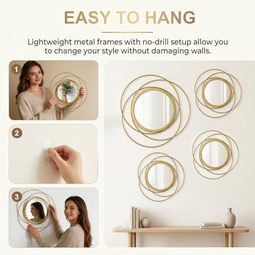 4 Piece Gold Round Wall Mirror Set Modern Metal Circles - Image 3