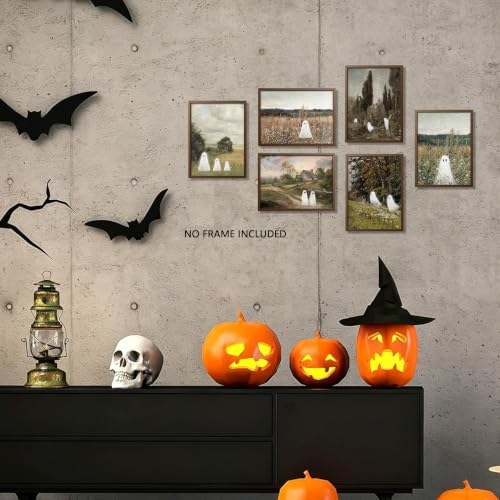 Vintage Landscape Ghost Wall Art Set of 6, Gothic Cute Ghost Halloween Canvas - Image 6
