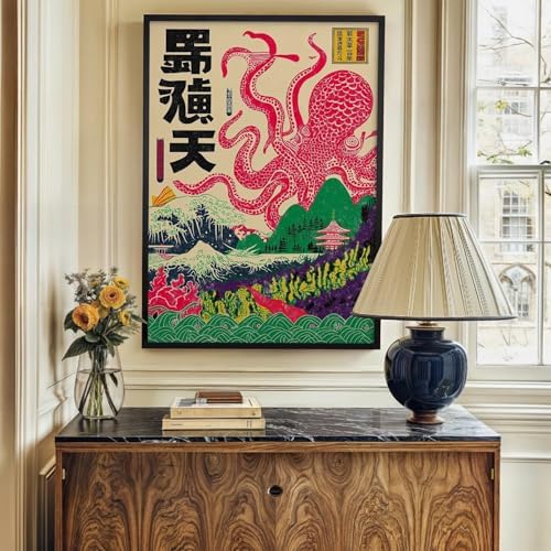 Black Framed Japanese Wall Art Octopus Ocean Theme Canvas Print 12x16in Vintage - Image 4