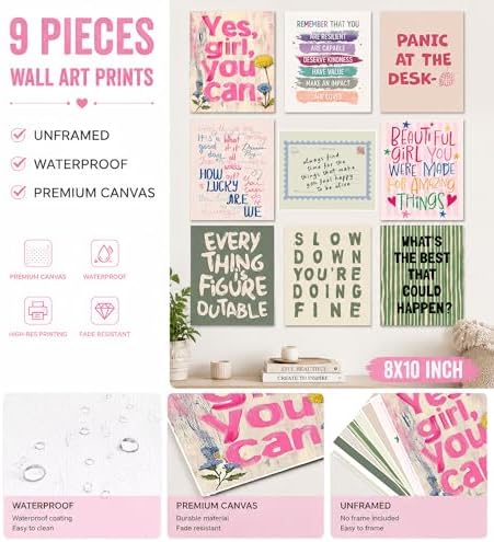 Inspirational Girls Wall Art Set of 9, Positive Quotes 8x10 Unframed - Image 3