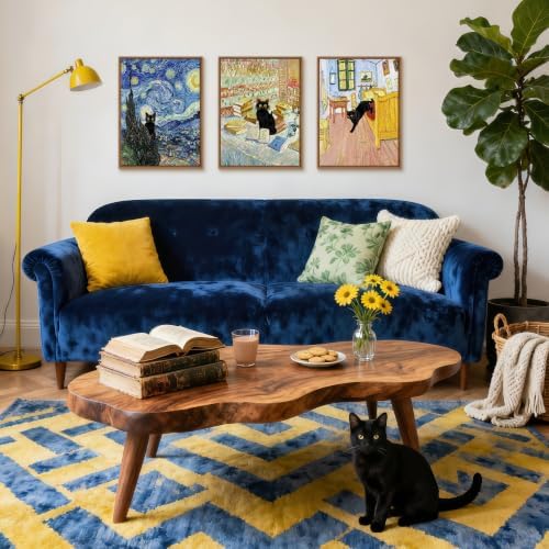 WENGTIAO 3Pcs Funny Black Cat Van Gogh Famous Painting Wall Art 12" x16x3 - Image 2