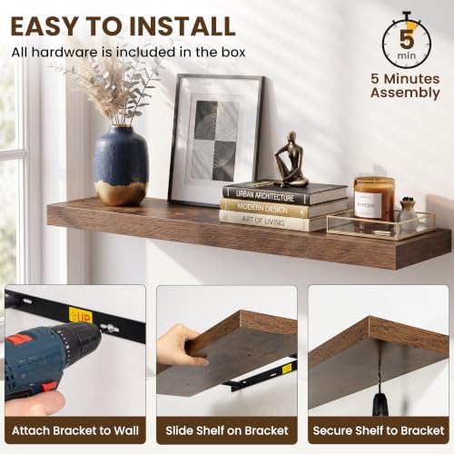 48x8in Floating Shelves 2 Pack, Wall Mount Display Shelf, Rustic Brown - Image 5