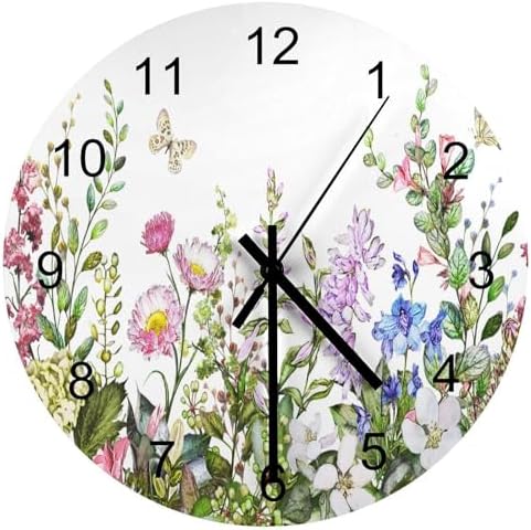 Flower Wall Clock, Watercolour Flower Herb Nature Plant Floral Butterfly Round by LOMADIA
