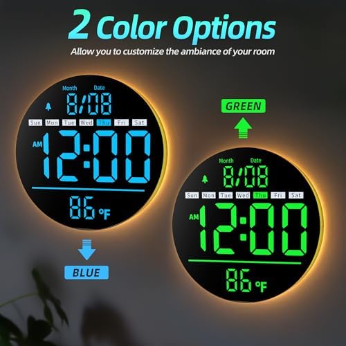 8in Round Digital Wall Clock, Large LED Display, Auto DST, Temperature - Image 3