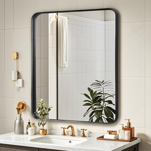Black Bathroom Vanity Mirror Over Sink 28x32, Large Wall Mounted Mirror by Fabuday