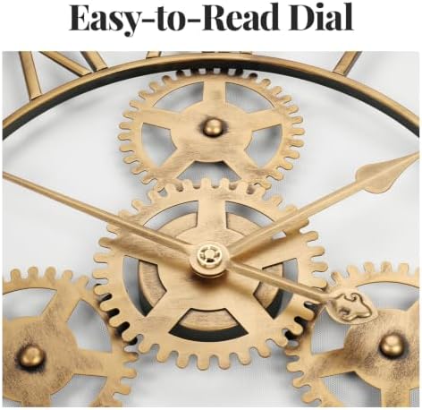 Cuspin 24 Inch Wall Clock with Gears, Industrial Metal Clock, Antique Gold - Image 4