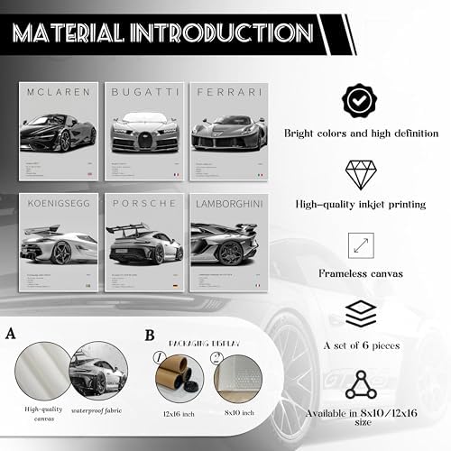 HTTART Car Posters for Boys Room Set of 6, Vintage Race Car Wall Art, Supercar - Image 4
