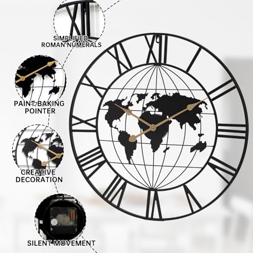 SIN&MI Large World Map Wall Clock, Metal Minimalist Modern Clock, Round - Image 2