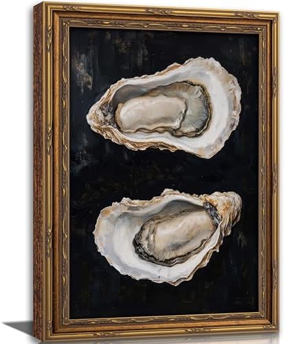 Vintage Gold Framed Oyster Wall Art Dark Moody Seafood Shell Shel Painting by VintageGoldFramedwallart