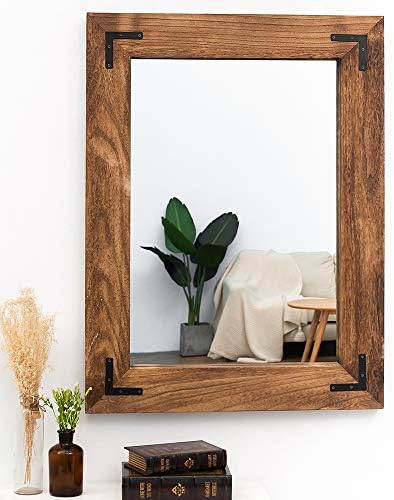 YOSHOOT Rustic Wooden Framed Wall Mirror, Natural Wood Bathroom Vanity Mirror - Image 4