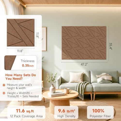 Acoustic Panels with Self Adhesive, 11.8”x11.8”, 12 Pack, Dark Brown - Image 2