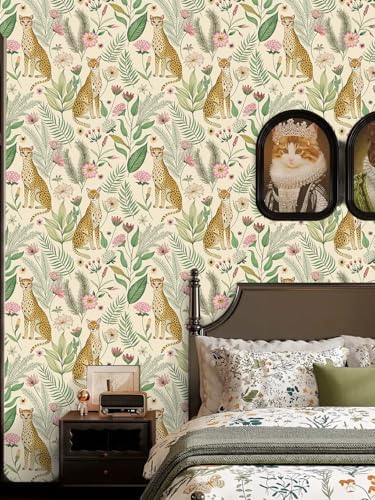 Floralplus Wallpaper Peel and Stick Removable Floral Cheetah Wallpaper Tropical - Image 4