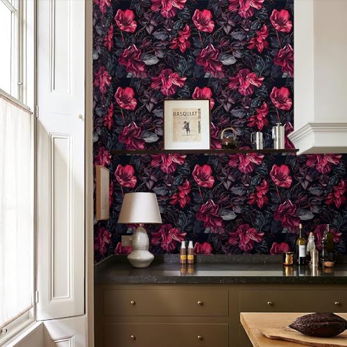 REDAMANCY Dark Black Red Pink Floral Grey Modern Flowers Leaf Peel and Stick - Image 5