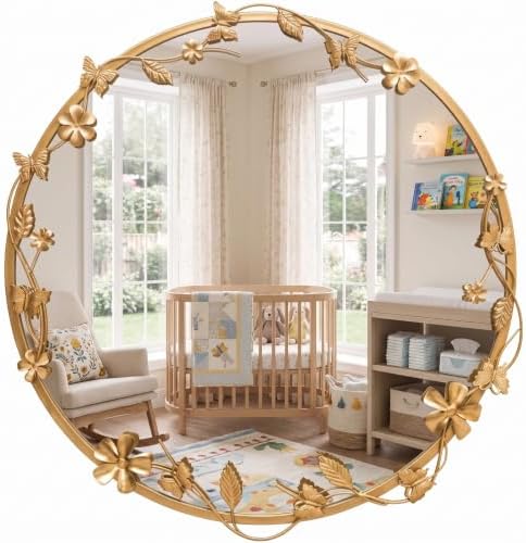 Huwena 24 Inch Round Gold Mirror, Ornate Floral Butterfly Frame Wall Mirror by Huwena