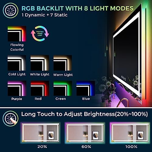 60x38 LED Bathroom Mirror with Lights, RGB Backlit Lighted Mirror - Image 3