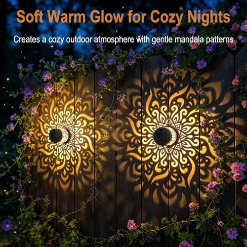 2 Pack Solar Fence Lights, Metal Mandala Pattern Solar Wall Light - Image 5