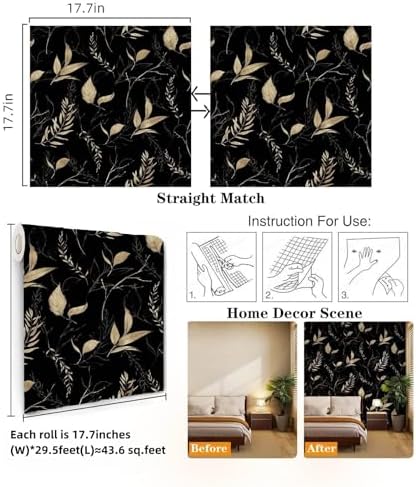 Dark Black and Gold Leaf Peel and Stick Wallpaper 17.7" x 354" - Image 3