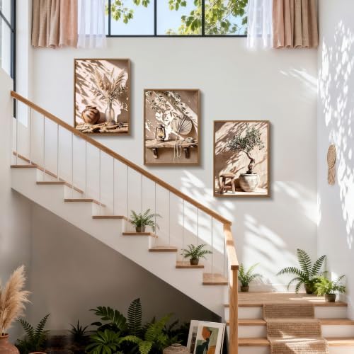 3pcs Wabi Sabi Boho Olive Tree Pampas Grass Framed Canvas Wall Art - Image 3