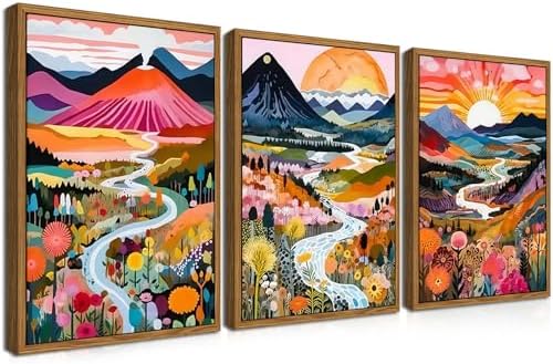 Floating Framed Boho Colorful Wall Art, Abstract Watercolor Mountain Landscape by fancynewWallArt