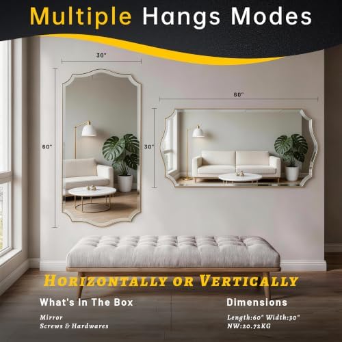 POZINO 60"x30" Premium Large Brushed Gold Scalloped Beveled Bathroom Mirror - Image 2