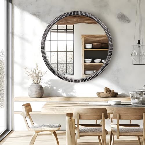 35" Round Wood Mirror, Farmhouse Large Wooden Mirror, Washed Black - Image 6