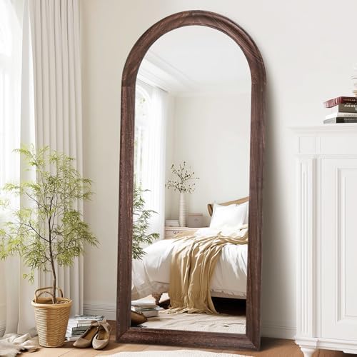 71x32 Solid Wood Arched Full Length Mirror, Elegant Brown Finish - Image 4