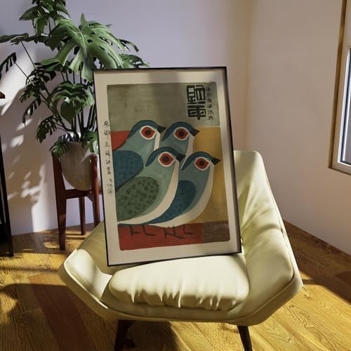 Japanese Mid Century Blue Bird Black Framed Posters Prints Vintage Animal Wall - Image 5