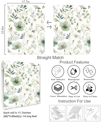 Sage Green Floral Peel and Stick Wallpaper 17.7" x 118" - Image 4