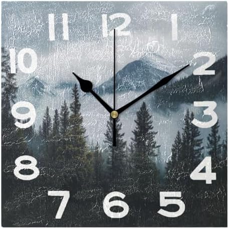 Moderate 8 Inch Square Wall Clock, Spring Foggy Mountain Forestst Trees by Peystean
