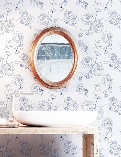 Safiyya 393"x17.3" Peel and Stick Wallpaper Blue and White Contact Paper Floral - Image 4