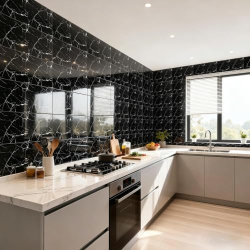 50Pcs Black Marble Wall Panels 23.6"X11.8" PVC Waterproof Tiles Peel and Stick - Image 3