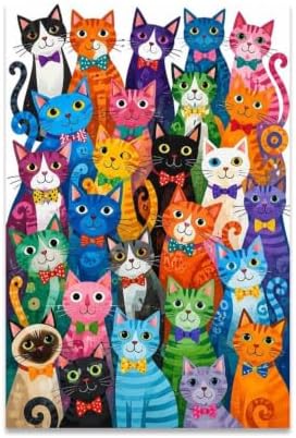 Colorful Cats Poster Whimsical Cat Family Portrait Canvas Wall Art by Unknown