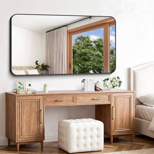 Black Bathroom Mirror, 66x36 inch Aluminum Metal Frame Rectangular Vanity Mirror - Image 2