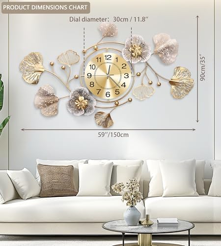 59" Modern Farmhouse Large Decorative Wall Clock, Ginkgo Metal Art - Image 2